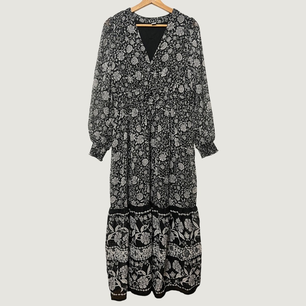 Maxi Long Sleeve Dress Boho Modest Floral Black Old Navy Smocked Tiered Large